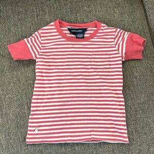 Ralph Lauren Girls 3 3T Coral and White Striped 100% Cotton Short Sleeve T-Shirt